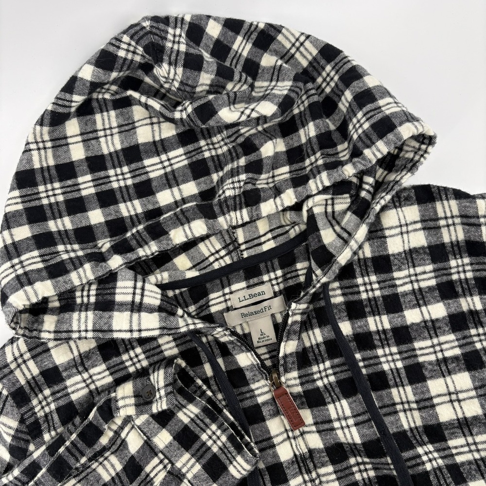 LL Bean Womens Black White Plaid Full‎ Zip Hooded Flannel Shirt Jacket L 502092